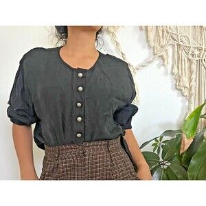 vtg 80s washed rayon black blouse oversized minimalist top silver buttons Large‎